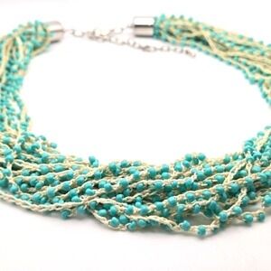 Hand Crafted Multi-Strand Delicate Crocheted Turquoise Blue Seed Bead Necklace